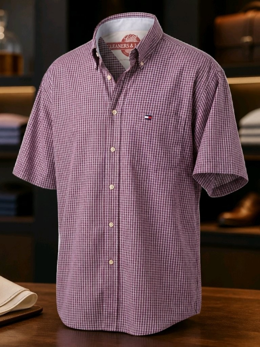 Tommy Hilfiger Men's Short-Sleeve Button-Down Check Shirt - Burgundy